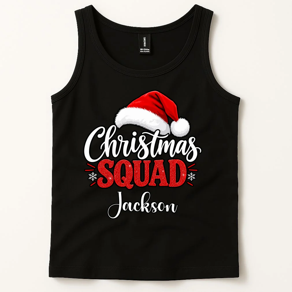 Christmas Squad Custom Name Santa Hat Men's Tank Top - Front 1