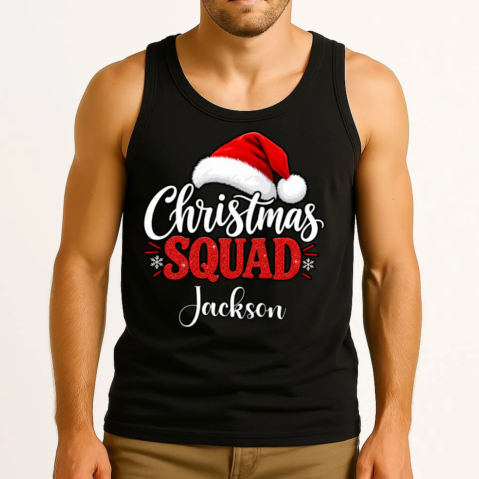 Christmas Squad Custom Name Santa Hat Men's Tank Top - Front 2