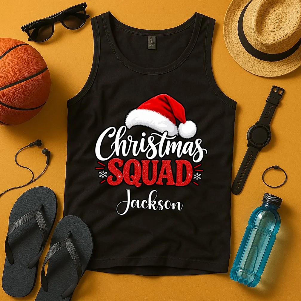 Christmas Squad Custom Name Santa Hat Men's Tank Top - Front 3
