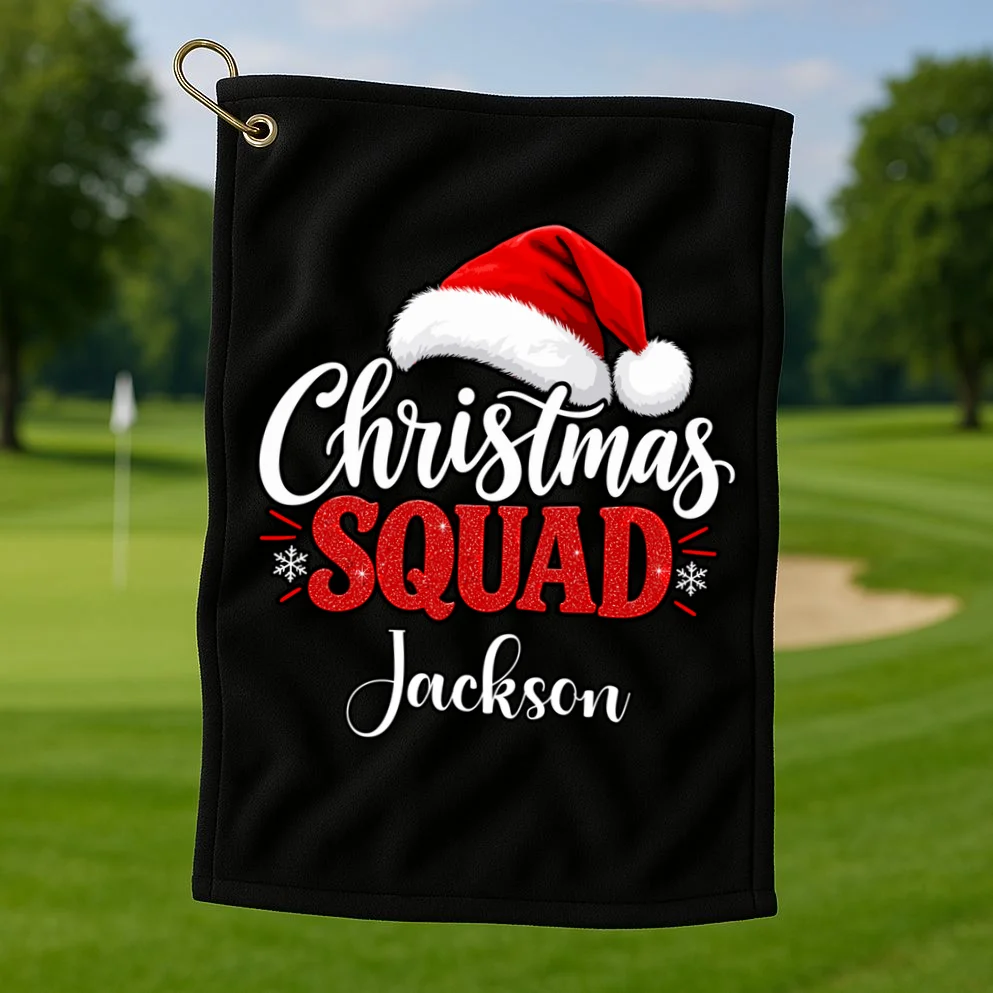 Christmas Squad Custom Name Santa Hat Golf Towel - Front 1