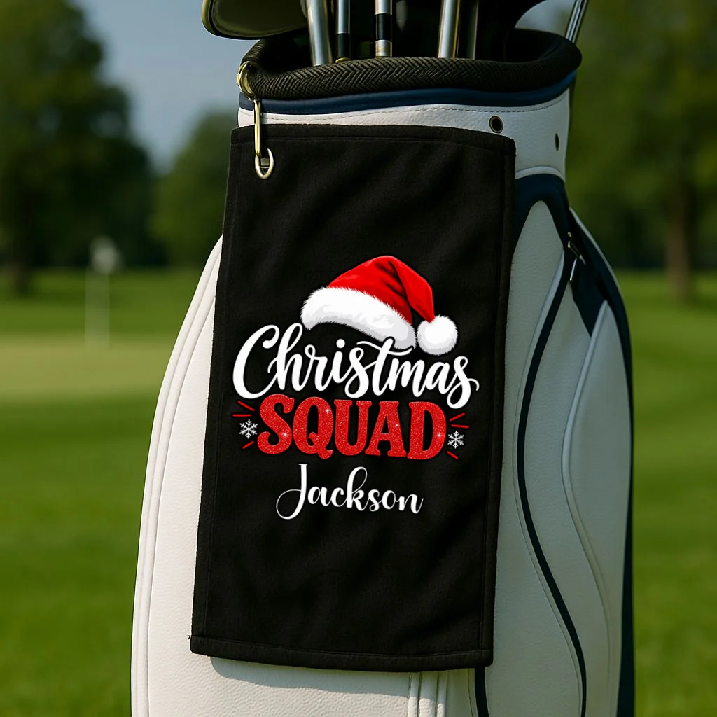 Christmas Squad Custom Name Santa Hat Golf Towel - Front 2