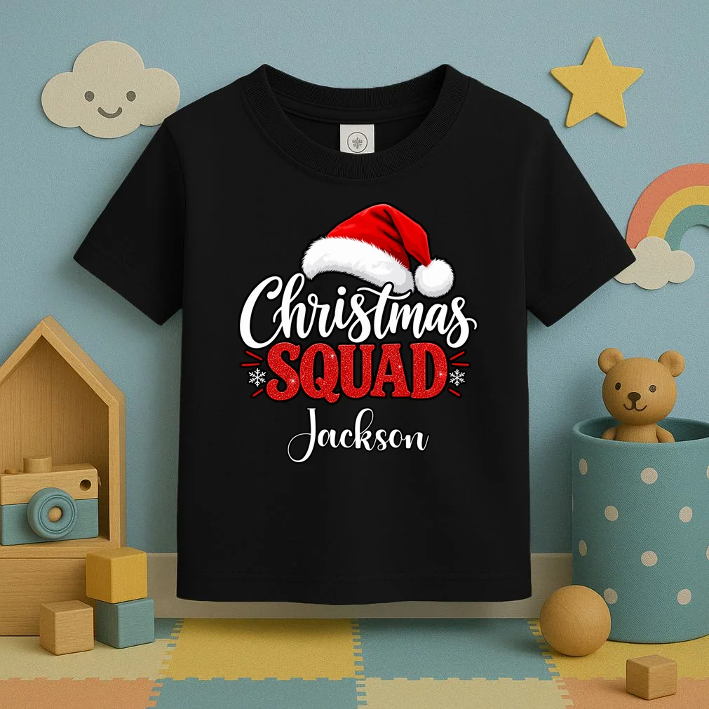 Christmas Squad Custom Name Santa Hat Toddler T-Shirt - Front 2