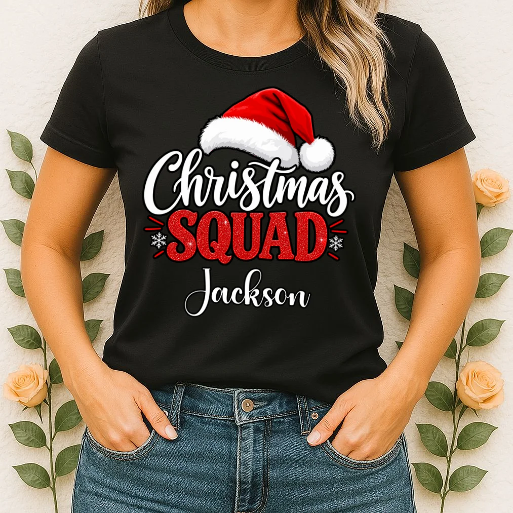 Christmas Squad Custom Name Santa Hat Women's T-Shirt - Front 1