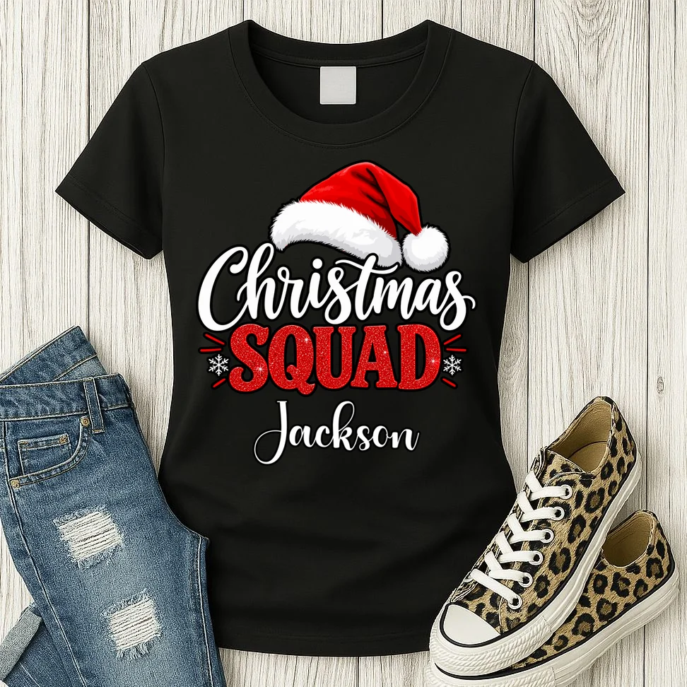 Christmas Squad Custom Name Santa Hat Women's T-Shirt - Front 2