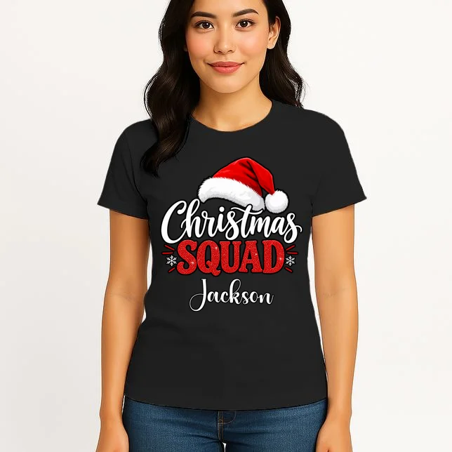 Christmas Squad Custom Name Santa Hat Women's T-Shirt - Front 3