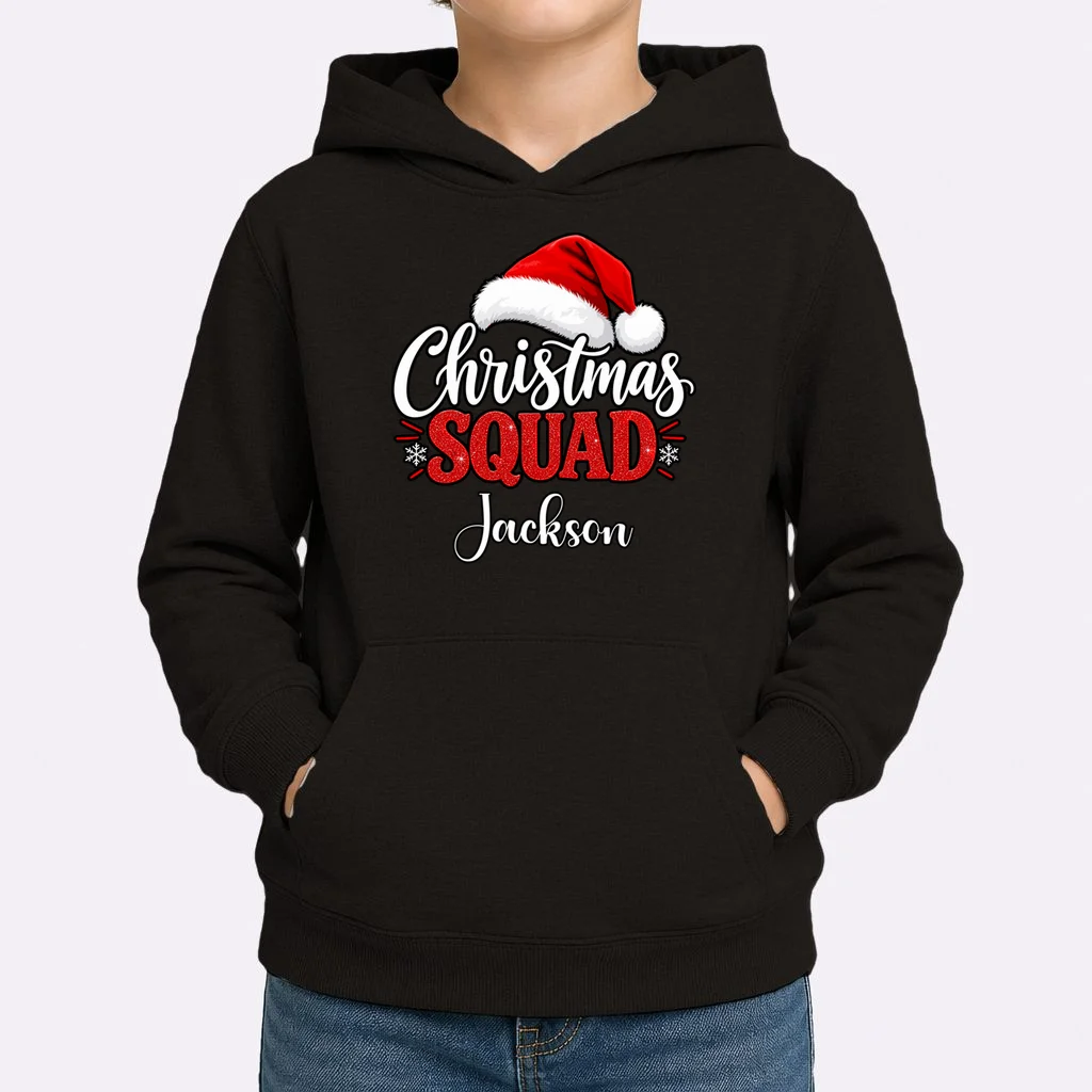 Christmas Squad Custom Name Santa Hat Kids Hoodie - Front 1