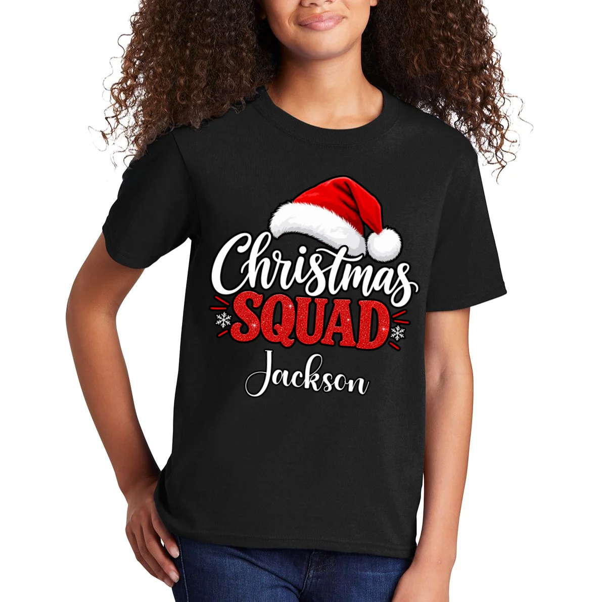 Christmas Squad Custom Name Santa Hat Kids T-Shirt - Front 1