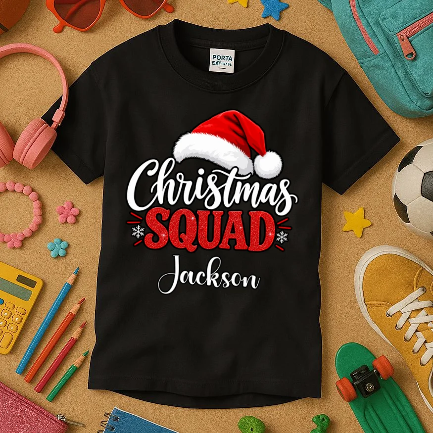 Christmas Squad Custom Name Santa Hat Kids T-Shirt - Front 2