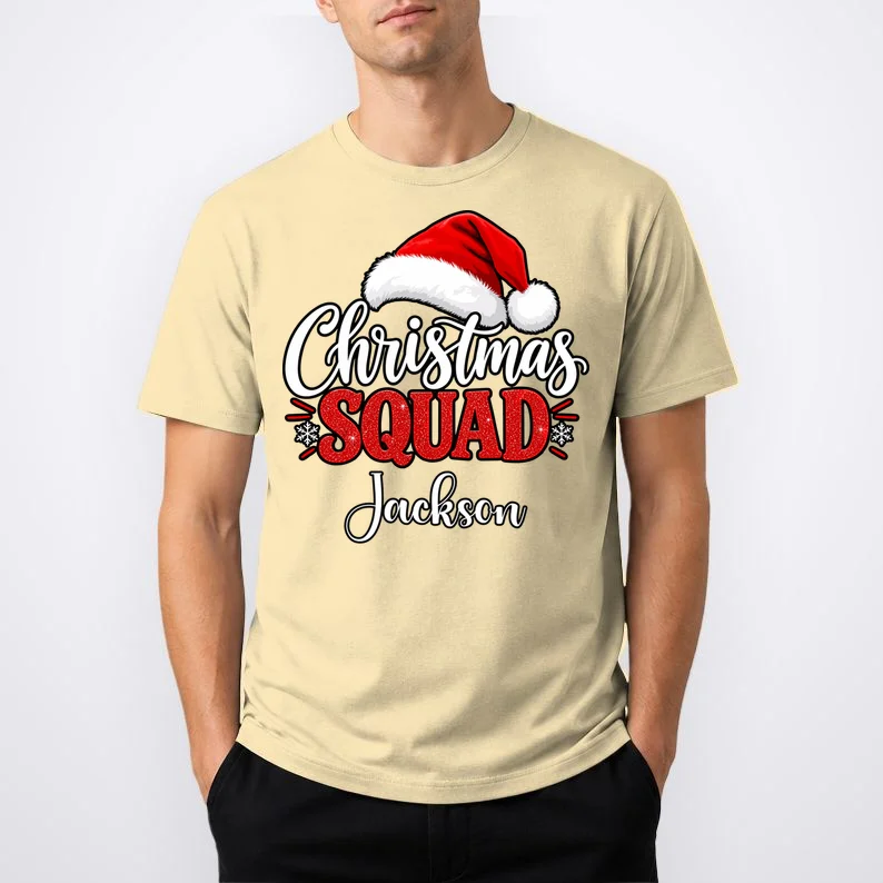 Christmas Squad Custom Name Santa Hat Men's T-Shirt - Front 1
