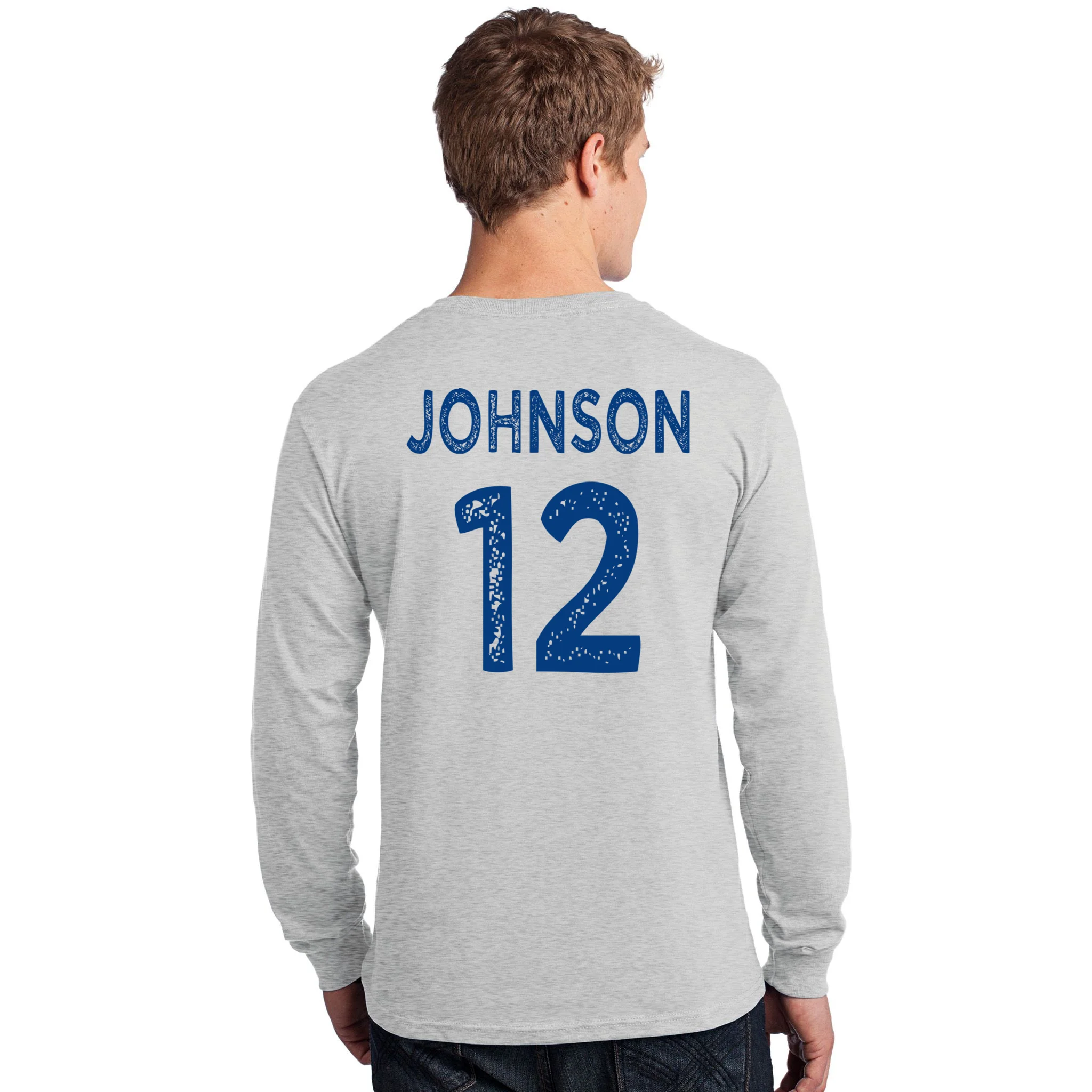 Custom Soccer Mascot Personalized Name & Number Gift - Vintage Soccer Jersey Team Design Men's Long Sleeve Shirt - Back - Close-up