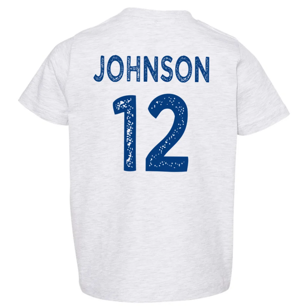 Custom Soccer Mascot Personalized Name & Number Gift - Vintage Soccer Jersey Team Design Toddler T-Shirt - Back - Close-up