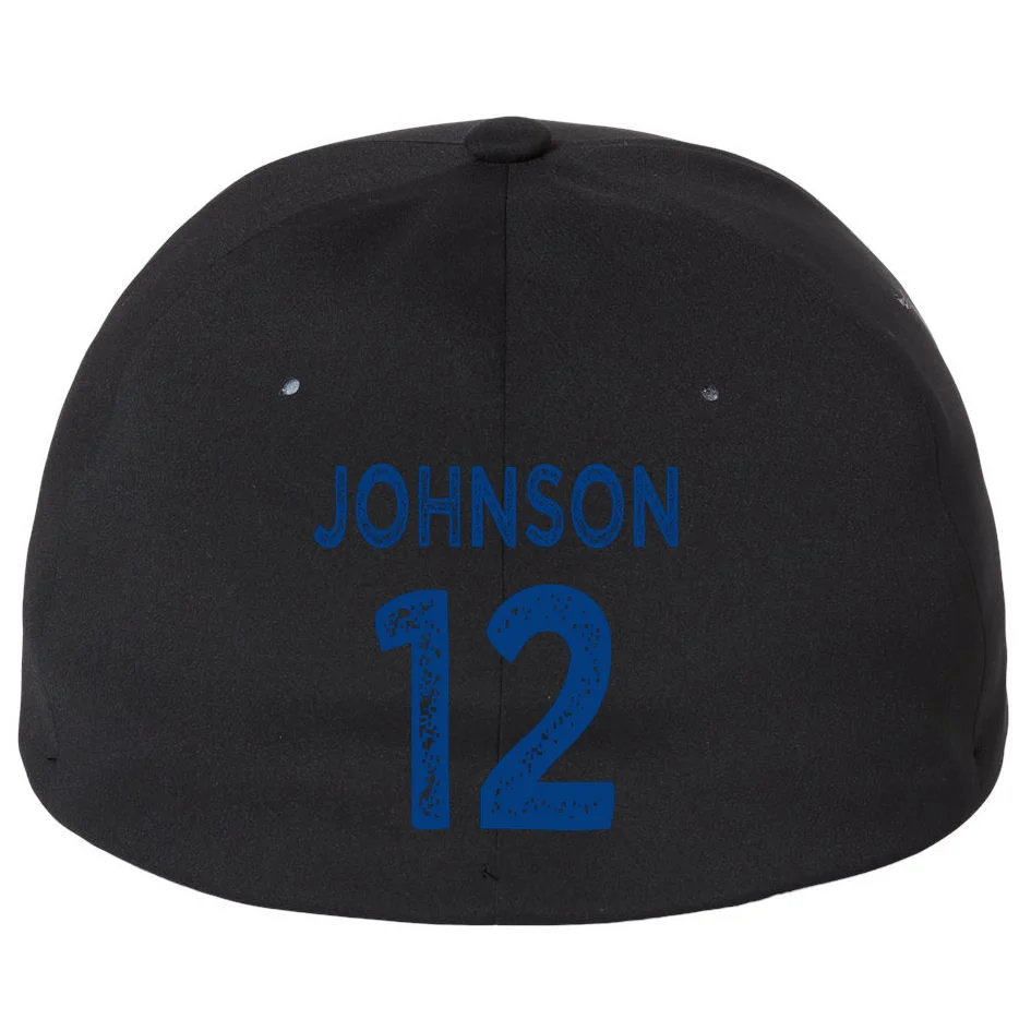Custom Soccer Mascot Personalized Name & Number Gift - Vintage Soccer Jersey Team Design Flexfit Men's Snapback Hat - Back - Close-up