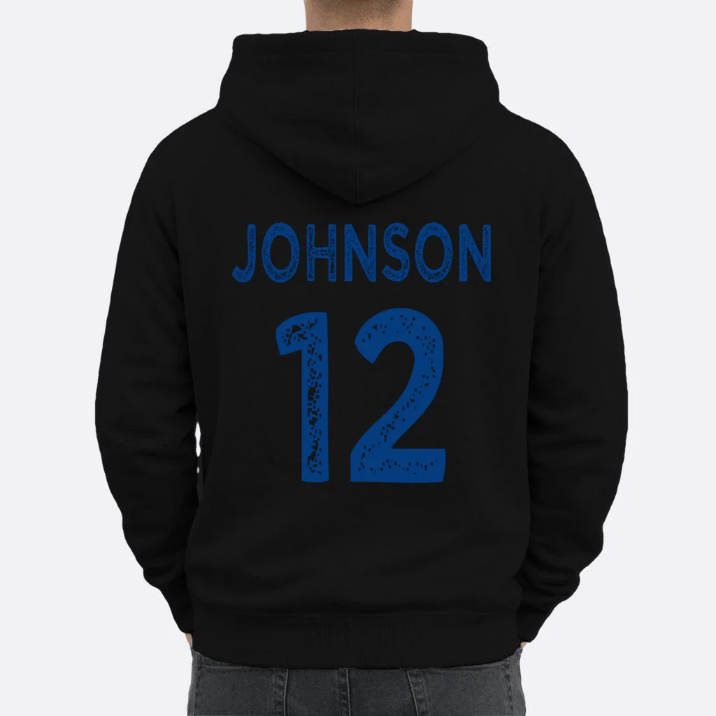 Custom Soccer Mascot Personalized Name & Number Gift - Vintage Soccer Jersey Team Design Men's Hoodie - Back 1