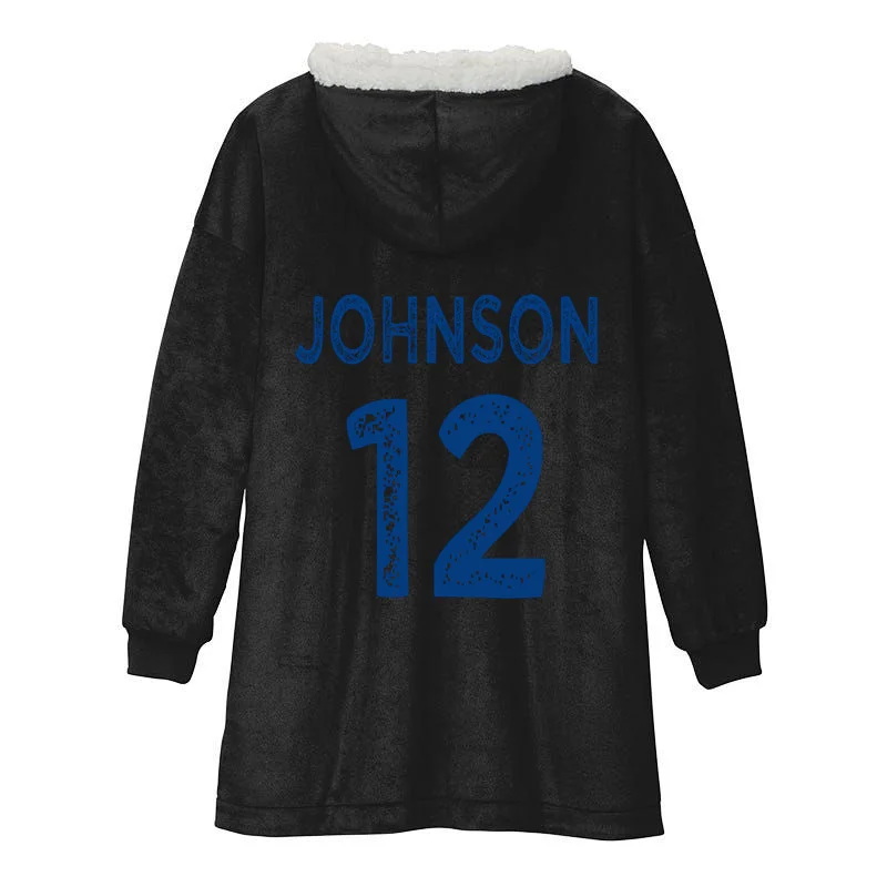 Custom Soccer Mascot Personalized Name & Number Gift - Vintage Soccer Jersey Team Design Hooded Blanket - Back - Close-up