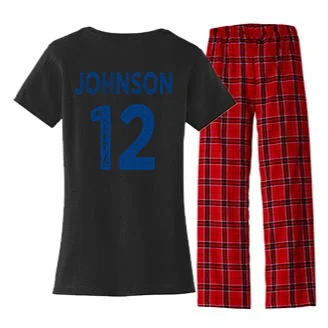 Custom Soccer Mascot Personalized Name & Number Gift - Vintage Soccer Jersey Team Design Women's Flannel Pajama Set - Back - Close-up