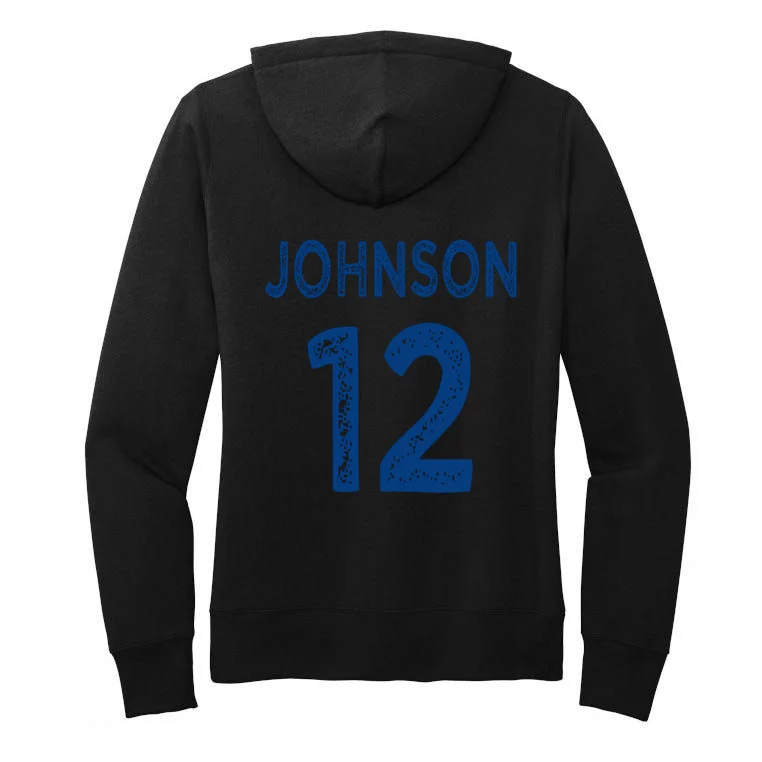Custom Soccer Mascot Personalized Name & Number Gift - Vintage Soccer Jersey Team Design Women's Pullover Hoodie - Back - Close-up