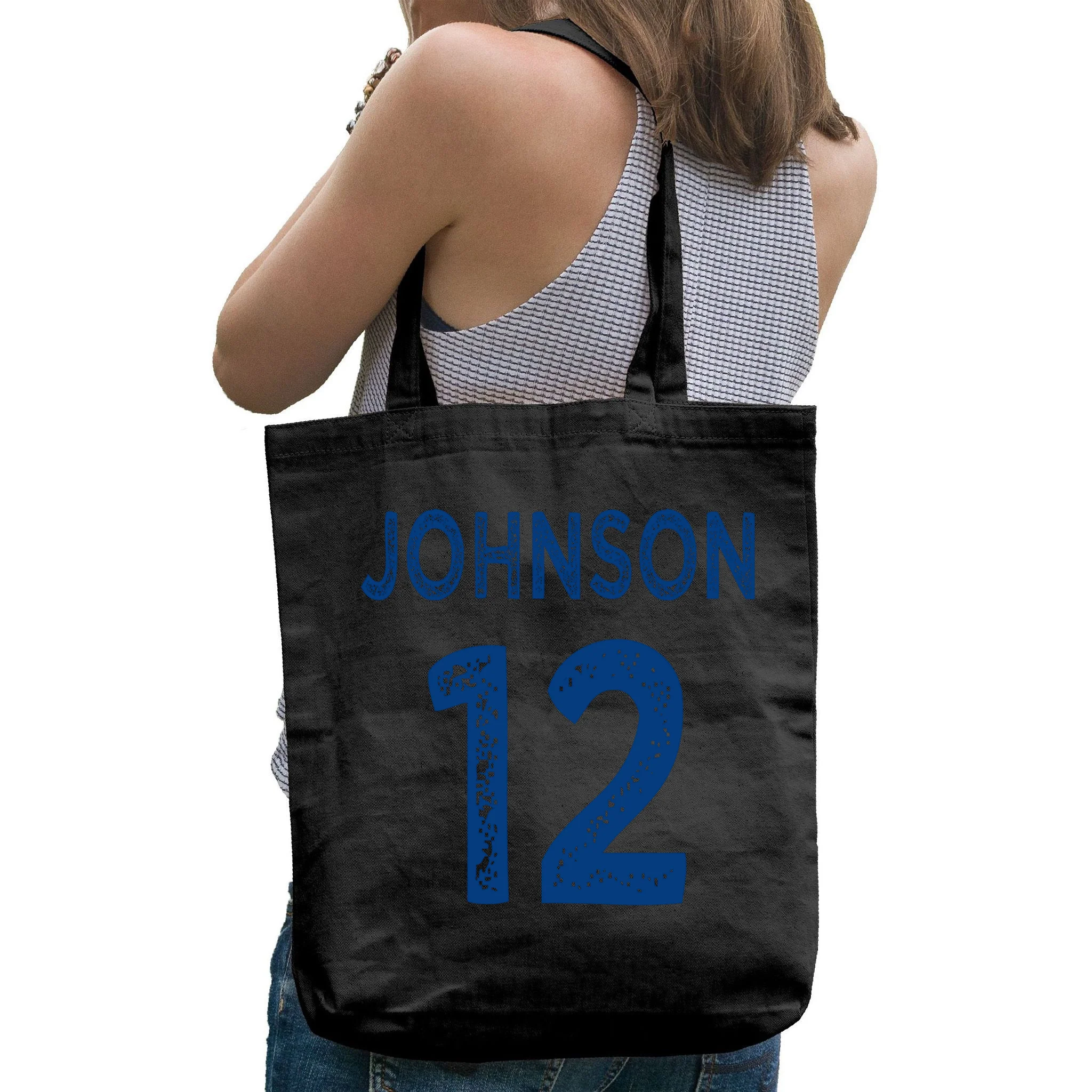 Custom Soccer Mascot Personalized Name & Number Gift - Vintage Soccer Jersey Team Design Tote Bag - Back - Close-up
