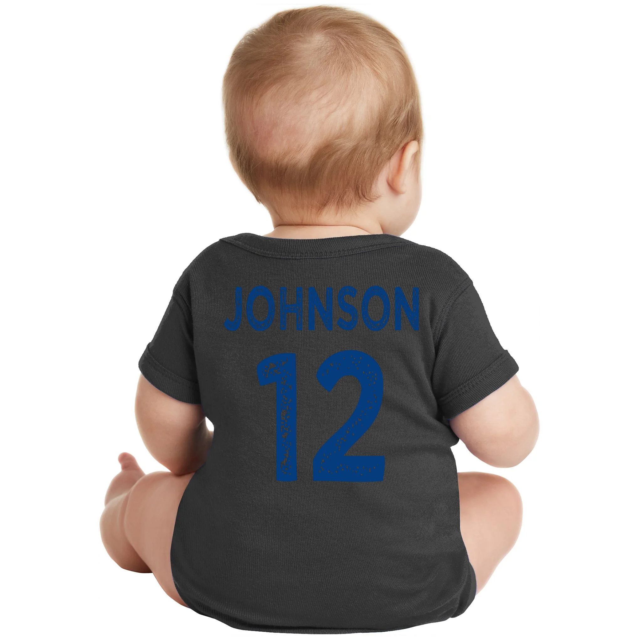 Custom Soccer Mascot Personalized Name & Number Gift - Vintage Soccer Jersey Team Design Baby Bodysuit - Back - Close-up