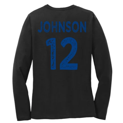 Custom Soccer Mascot Personalized Name & Number Gift - Vintage Soccer Jersey Team Design Women's Long Sleeve Shirt - Back - Close-up