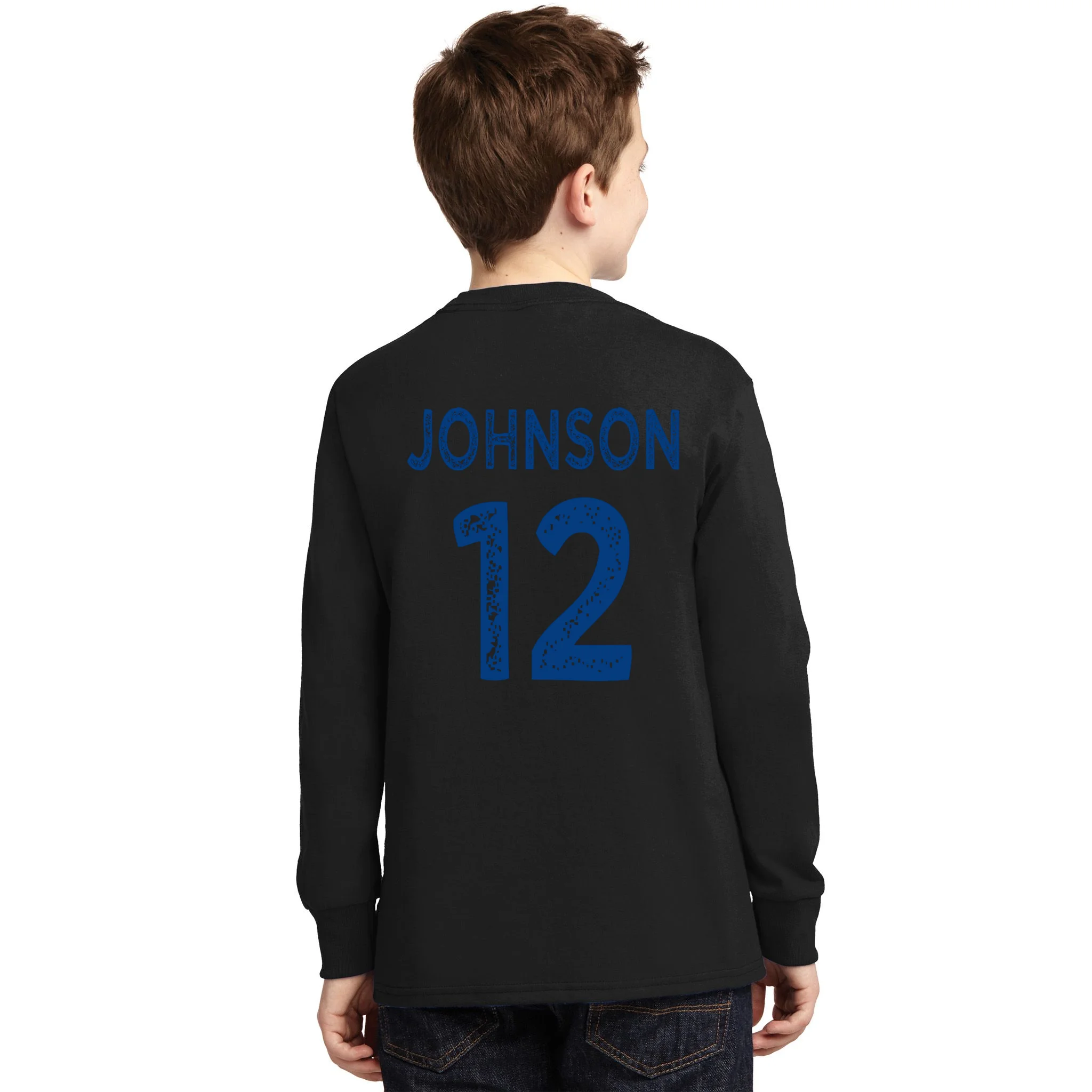Custom Soccer Mascot Personalized Name & Number Gift - Vintage Soccer Jersey Team Design Kids Long Sleeve Shirt - Back - Close-up