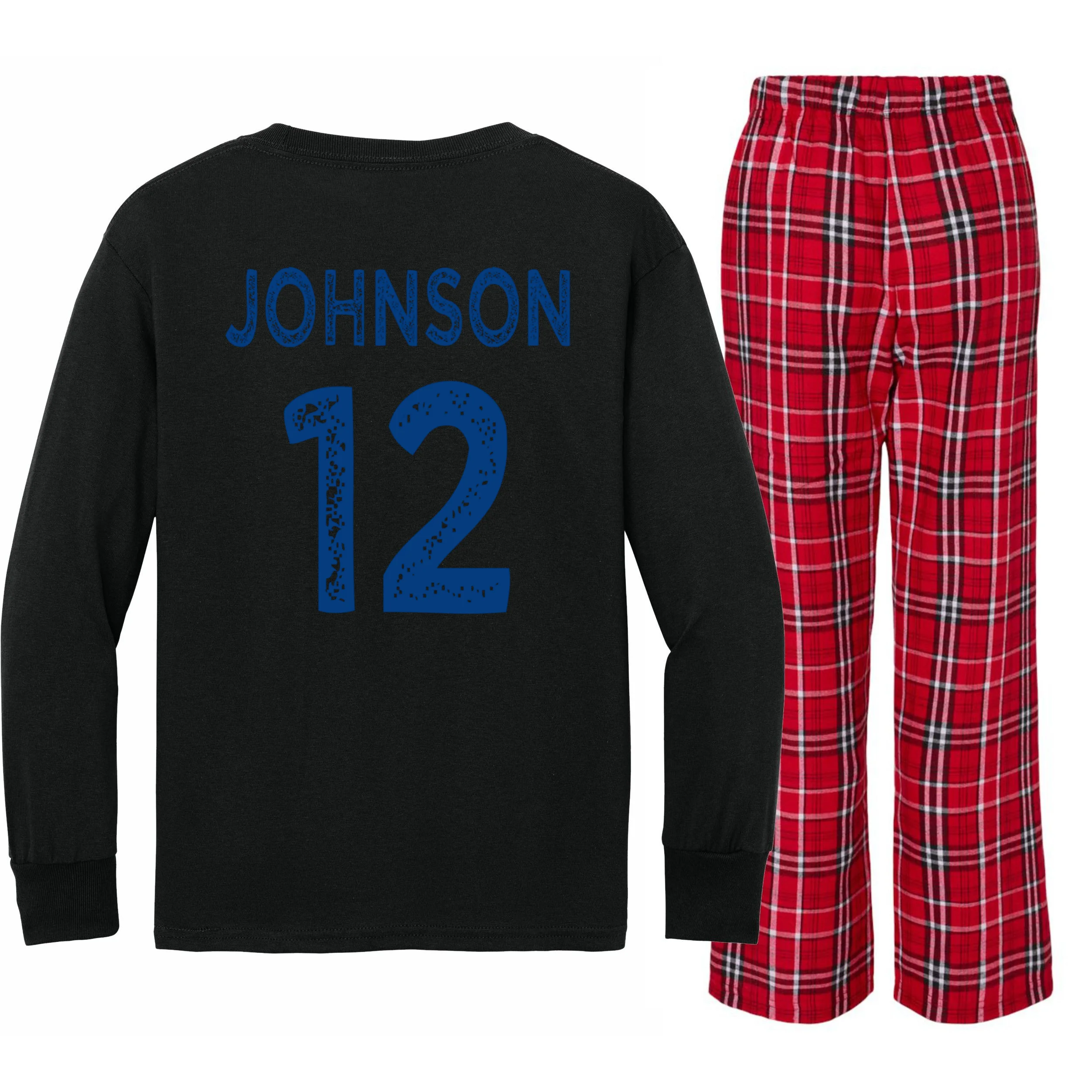 Custom Soccer Mascot Personalized Name & Number Gift - Vintage Soccer Jersey Team Design Kids Long Sleeve Pajamas - Back - Close-up