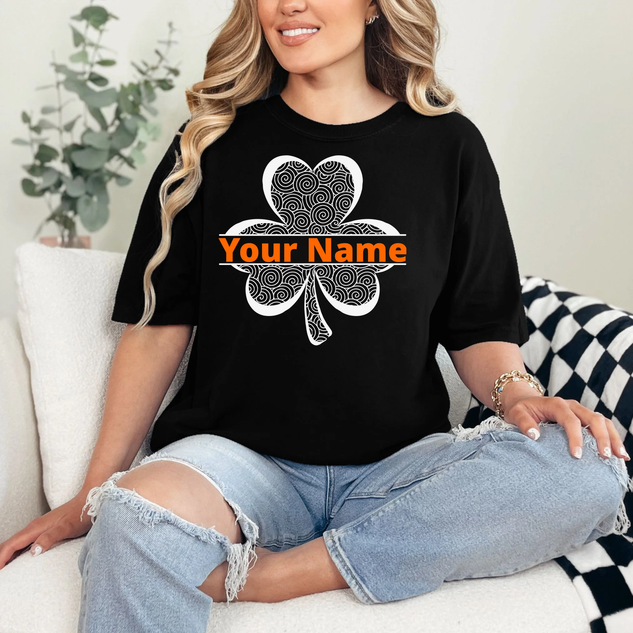 Custom St. Patrick's Day Clover Name – Personalized Lucky Shamrock T-Shirt - Front 1