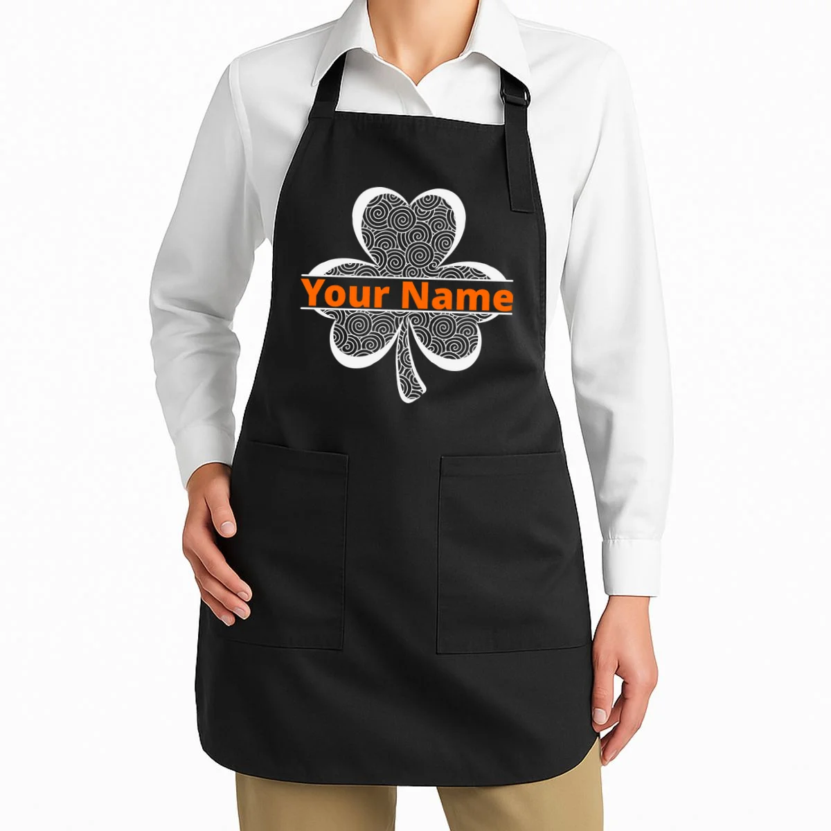 Custom St. Patrick's Day Clover Name – Personalized Lucky Shamrock Apron - Front 1
