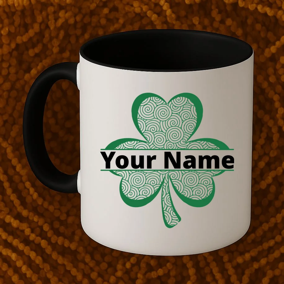 Custom St. Patrick's Day Clover Name – Personalized Lucky Shamrock Coffee Mug - Front 1