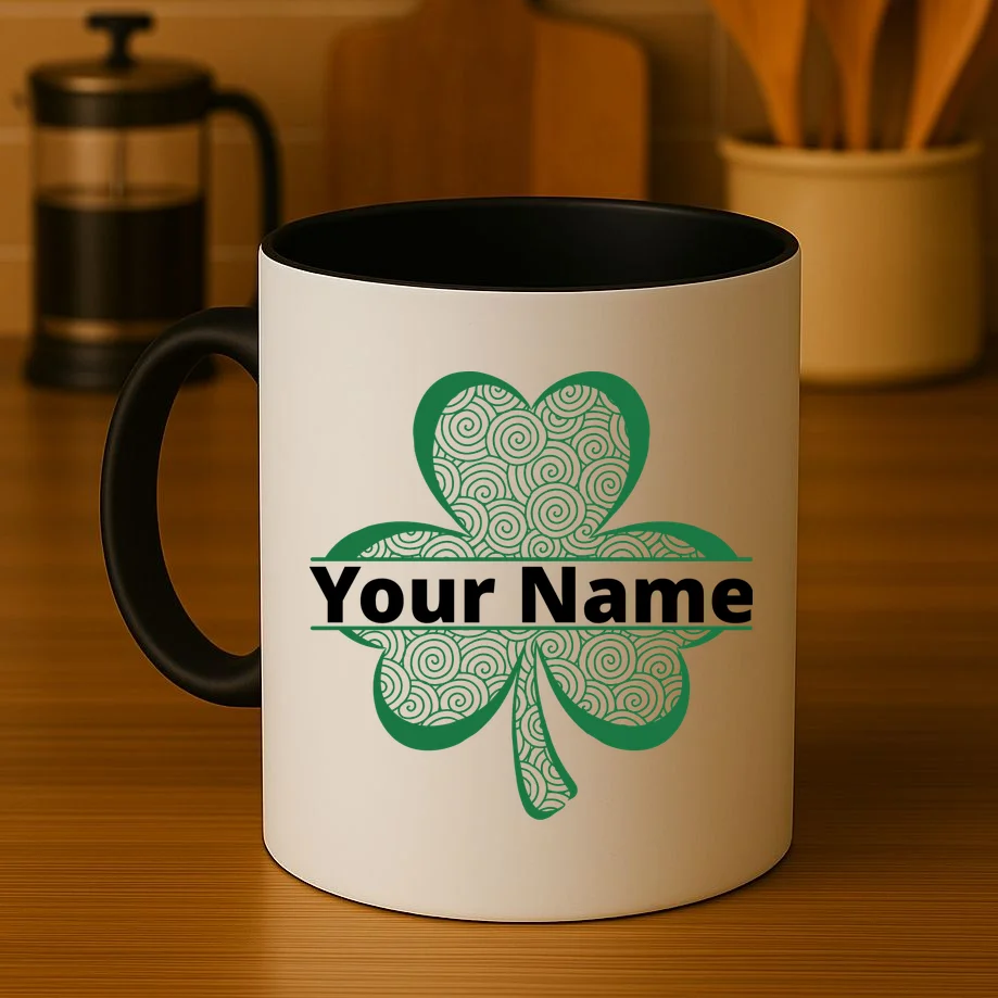 Custom St. Patrick's Day Clover Name – Personalized Lucky Shamrock Coffee Mug - Front 3