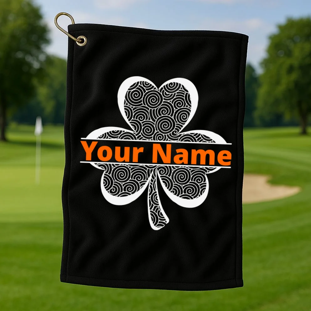 Custom St. Patrick's Day Clover Name – Personalized Lucky Shamrock Golf Towel - Front 1