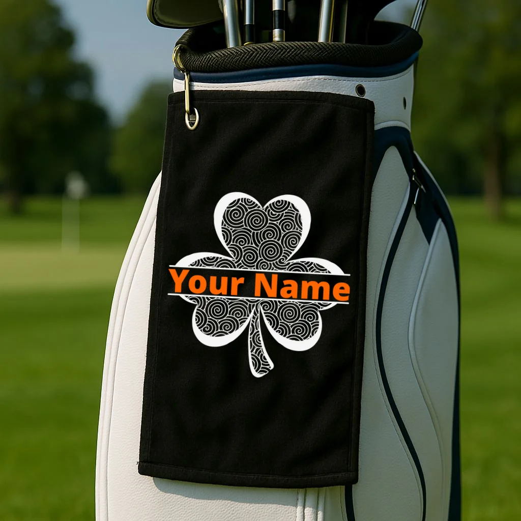 Custom St. Patrick's Day Clover Name – Personalized Lucky Shamrock Golf Towel - Front 2