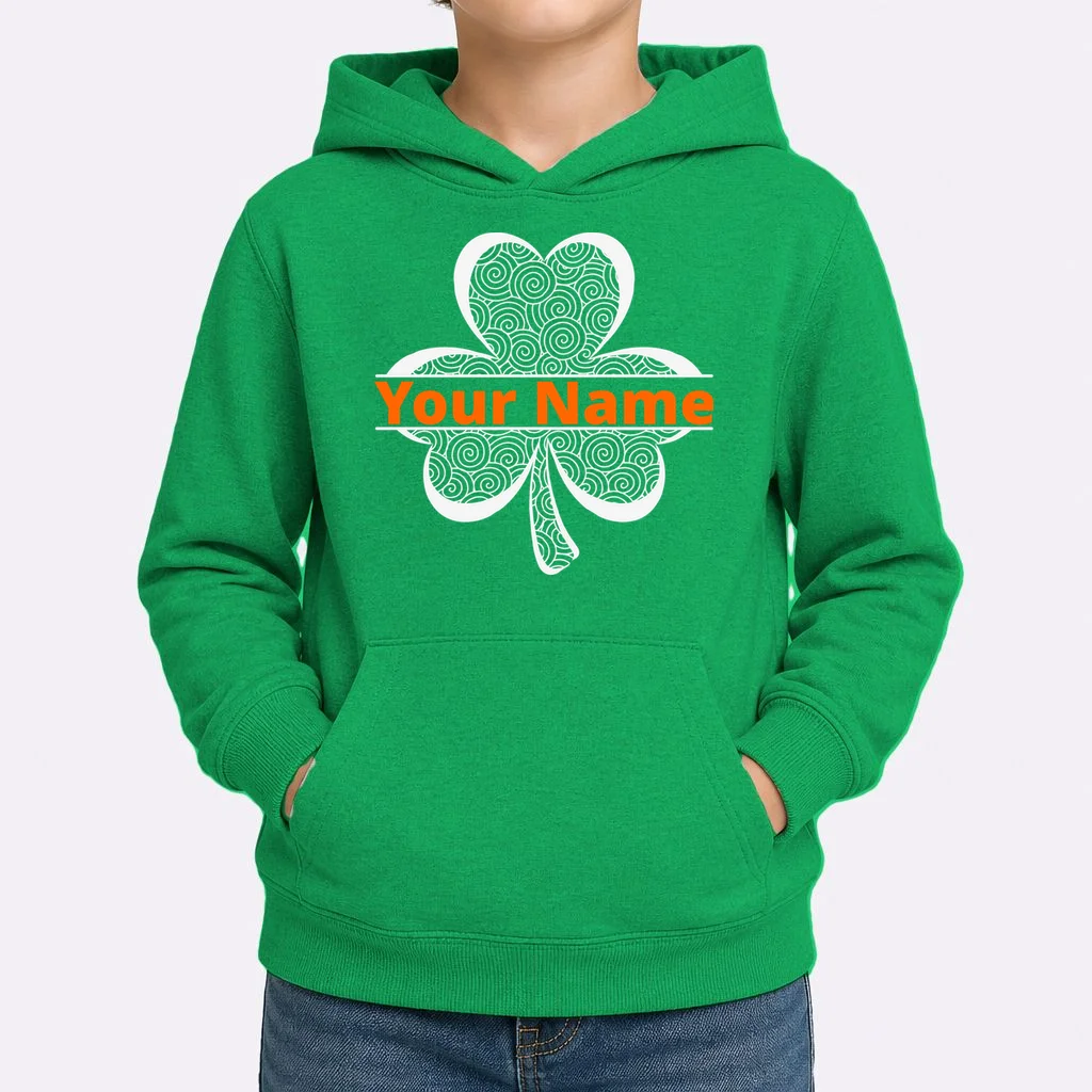 Custom St. Patrick's Day Clover Name – Personalized Lucky Shamrock Kids Hoodie - Front 1