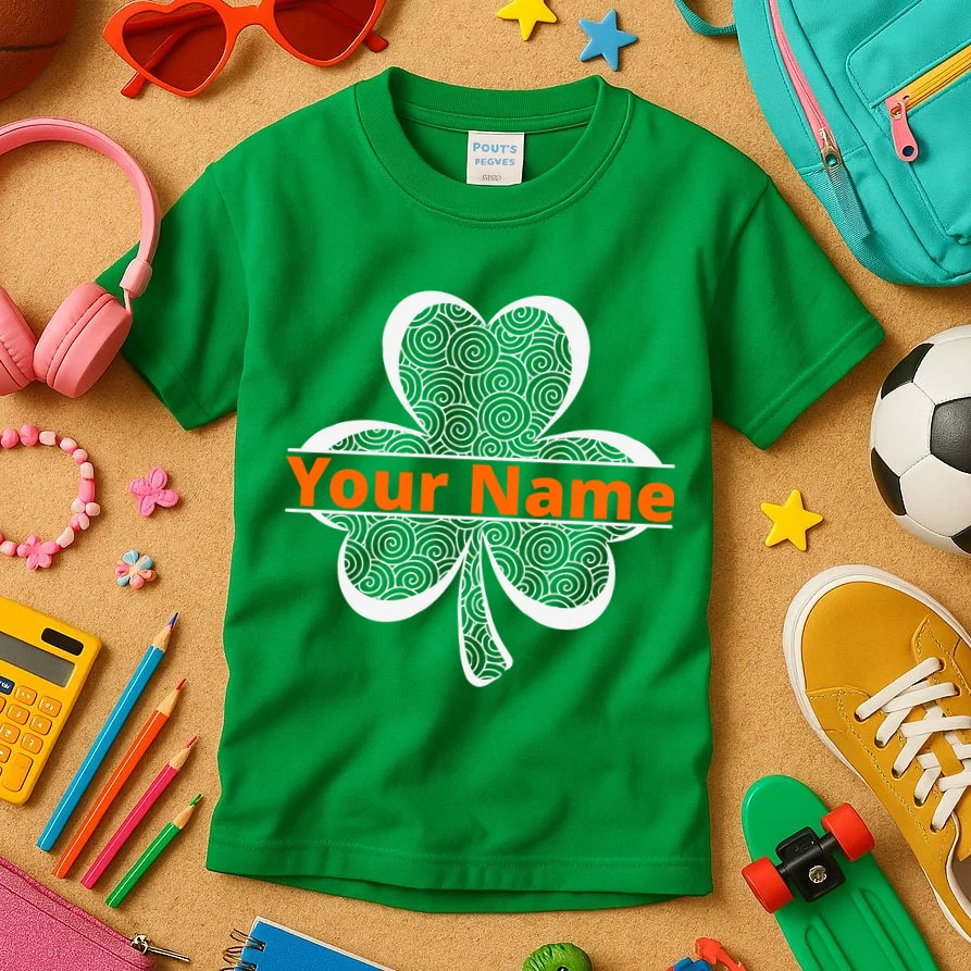 Custom St. Patrick's Day Clover Name – Personalized Lucky Shamrock Kids T-Shirt - Front 2