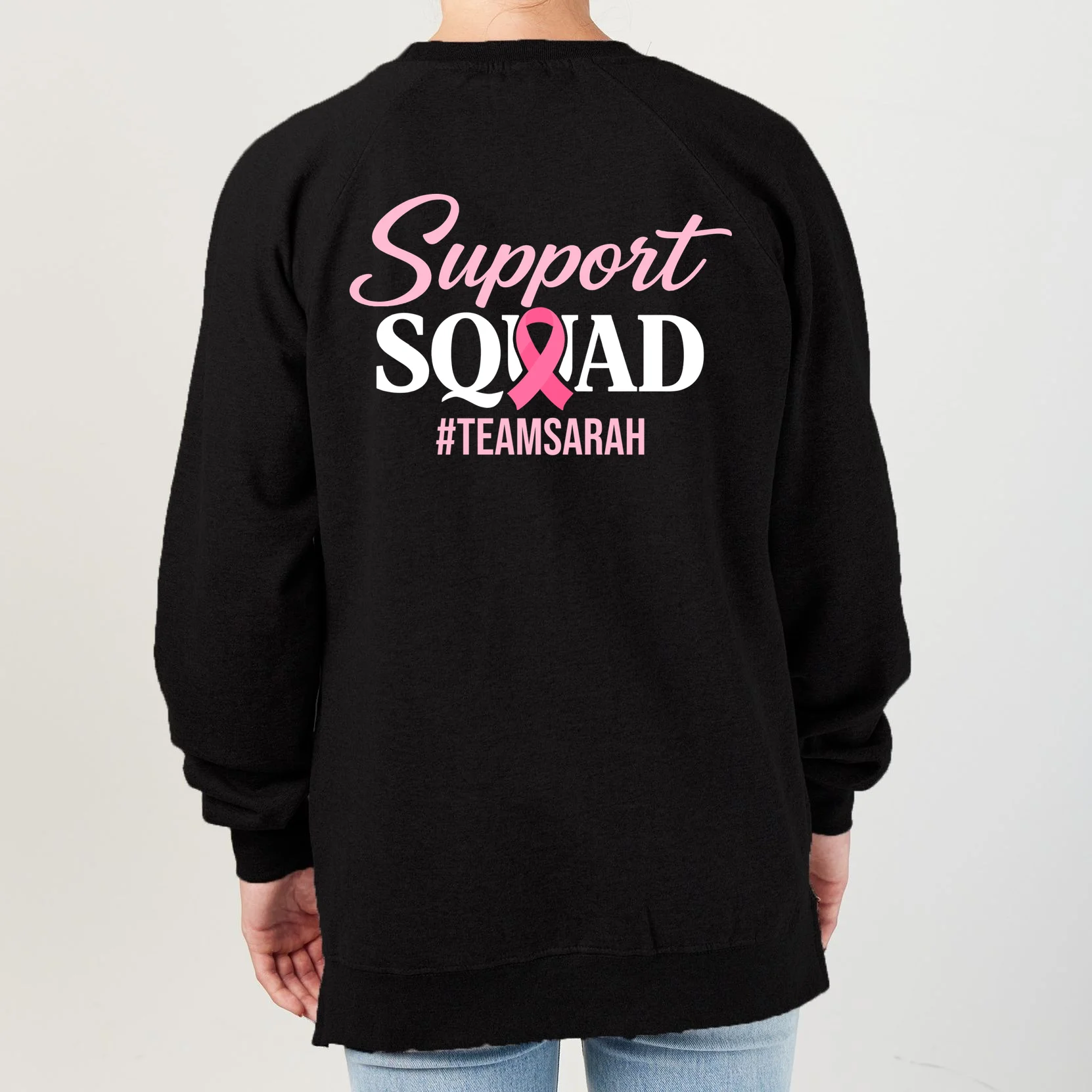 Support Squad Personalized Breast Cancer Awareness Women's Sweatshirt - Back - Close-up