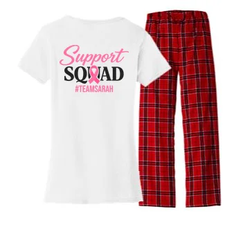 Support Squad Personalized Breast Cancer Awareness Women's Flannel Pajama Set - Back - Close-up
