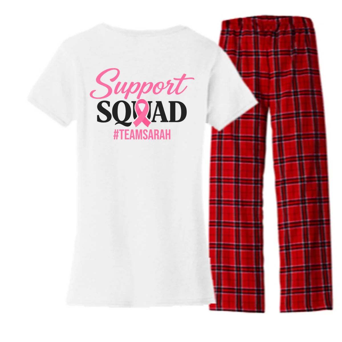 Support Squad Personalized Breast Cancer Awareness Women's Flannel Pajama Set - Back