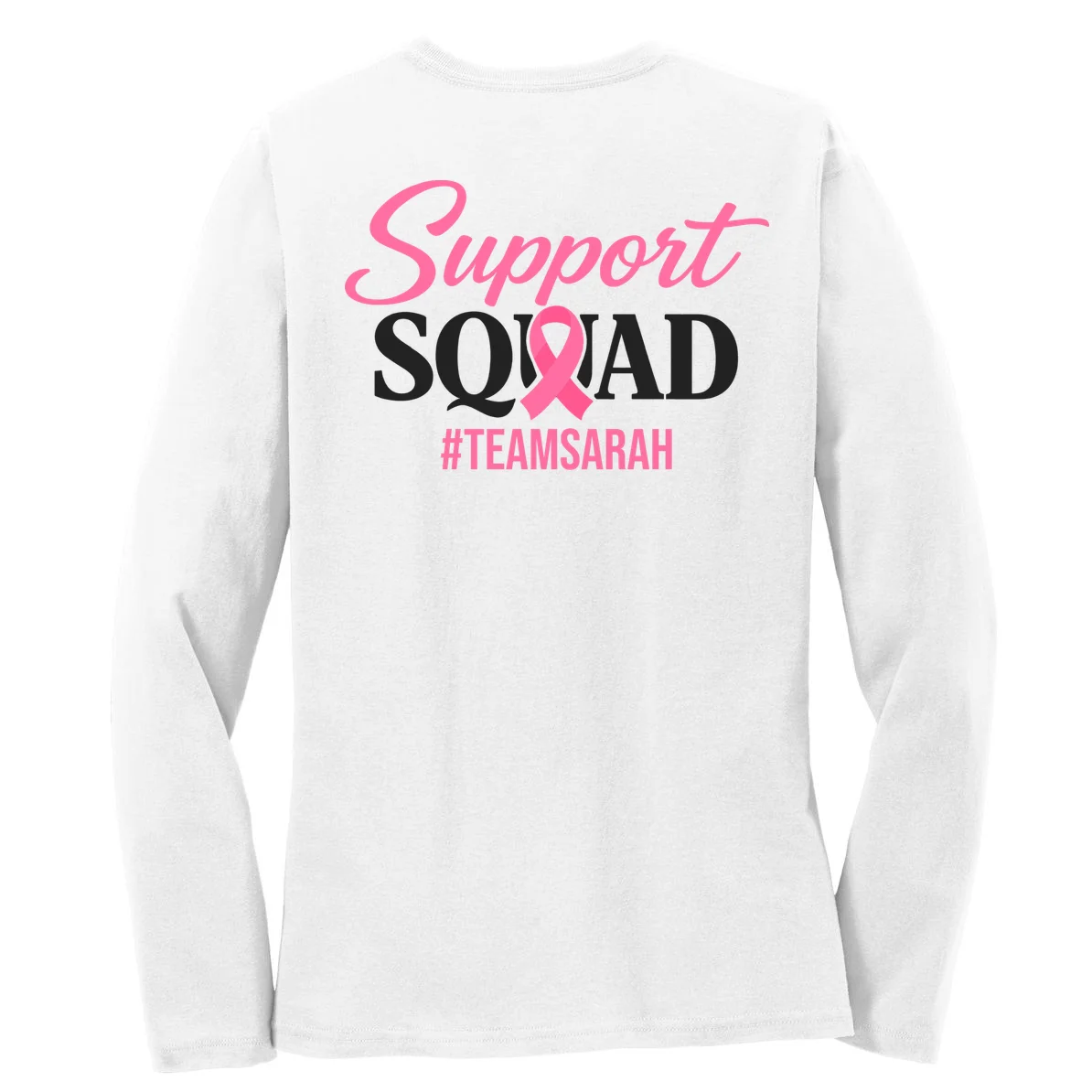 Support Squad Personalized Breast Cancer Awareness Women's Long Sleeve Shirt - Back - Close-up