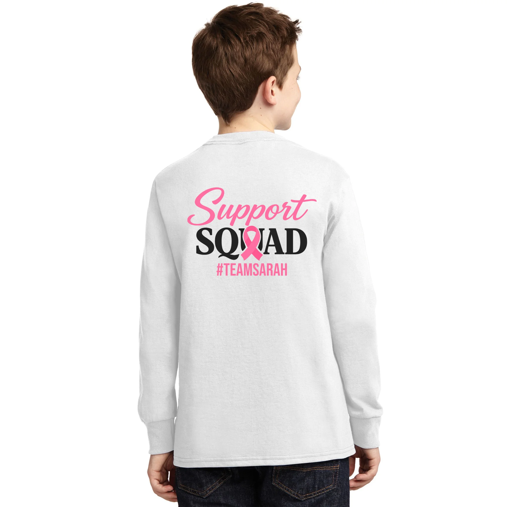 Support Squad Personalized Breast Cancer Awareness Kids Long Sleeve Shirt - Back - Close-up
