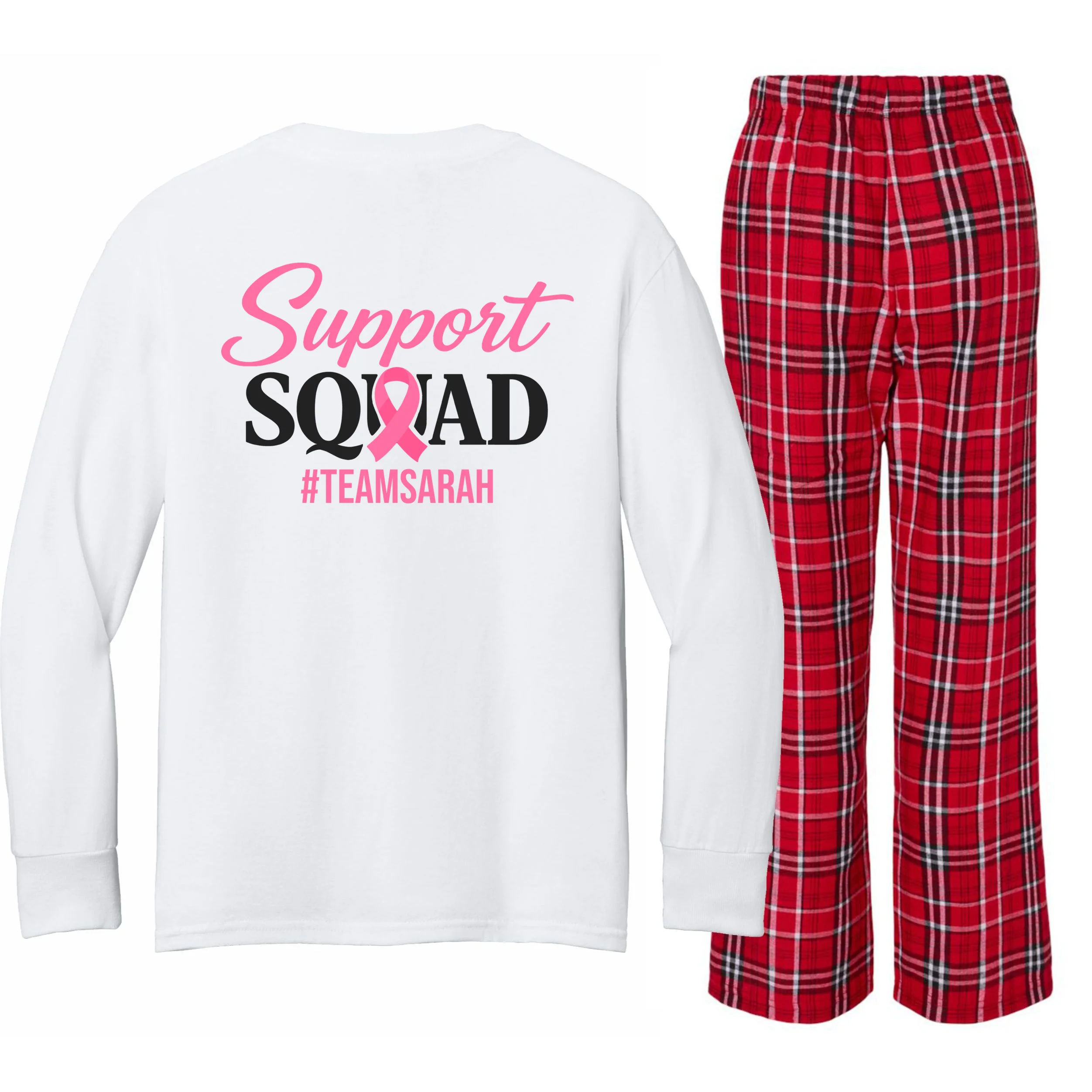 Support Squad Personalized Breast Cancer Awareness Kids Long Sleeve Pajamas - Back - Close-up