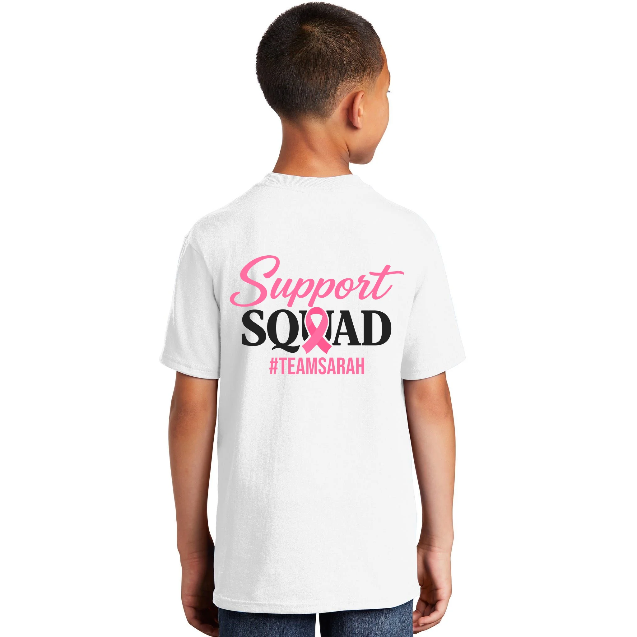 Support Squad Personalized Breast Cancer Awareness Kids T-Shirt - Back