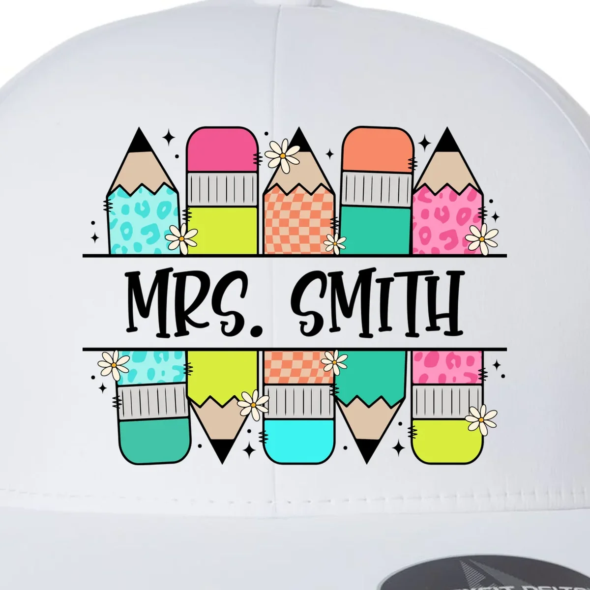 Custom Teacher Name Back To School Flexfit Men's Snapback Hat - Front - Close-up