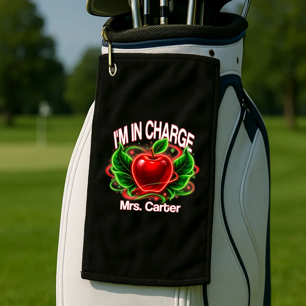 Personalized Teacher Apple Graphic – Custom Name Classroom Design Golf Towel - Front 2