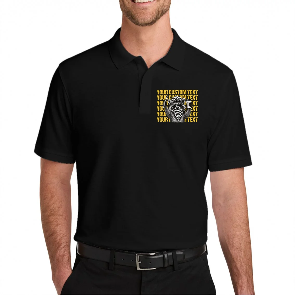 Custom Raccoon Coffee T-Shirt – Retro Animal Design Men's Polo - Front 1