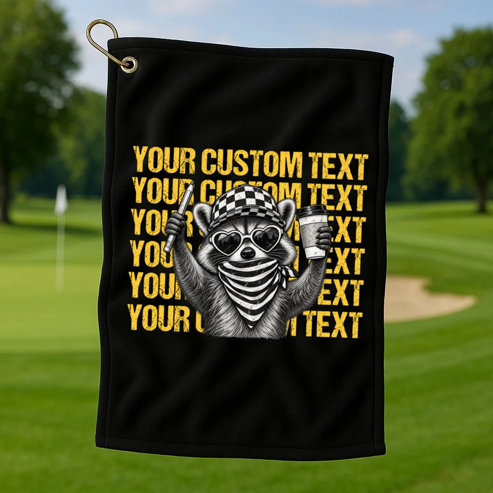 Custom Raccoon Coffee T-Shirt – Retro Animal Design Golf Towel - Front 1