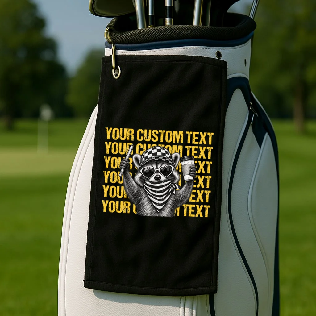 Custom Raccoon Coffee T-Shirt – Retro Animal Design Golf Towel - Front 2