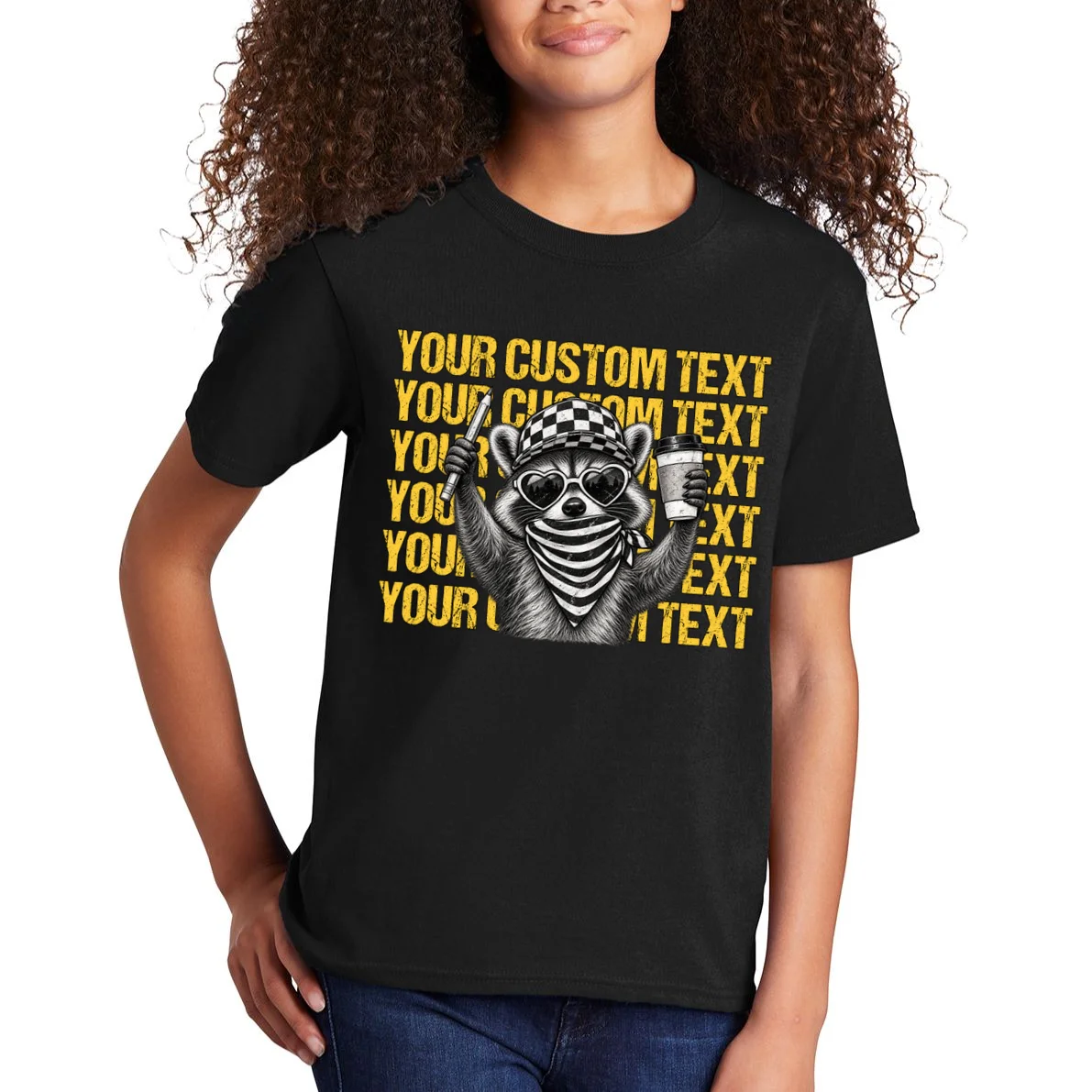 Custom Raccoon Coffee T-Shirt – Retro Animal Design Kids T-Shirt - Front 1