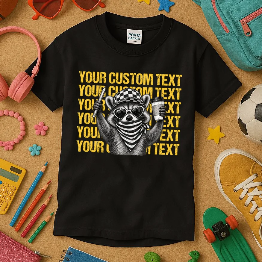 Custom Raccoon Coffee T-Shirt – Retro Animal Design Kids T-Shirt - Front 2