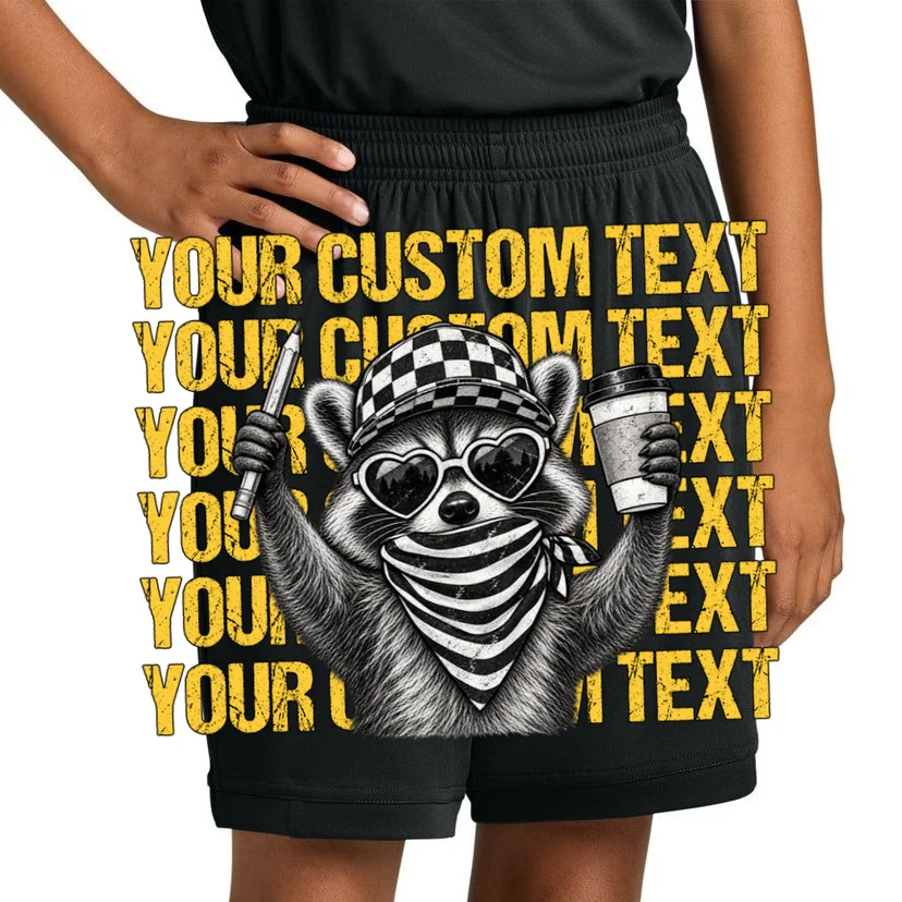 Custom Raccoon Coffee Teacher T-Shirt – Retro Animal Design Kids Shorts - Front 1