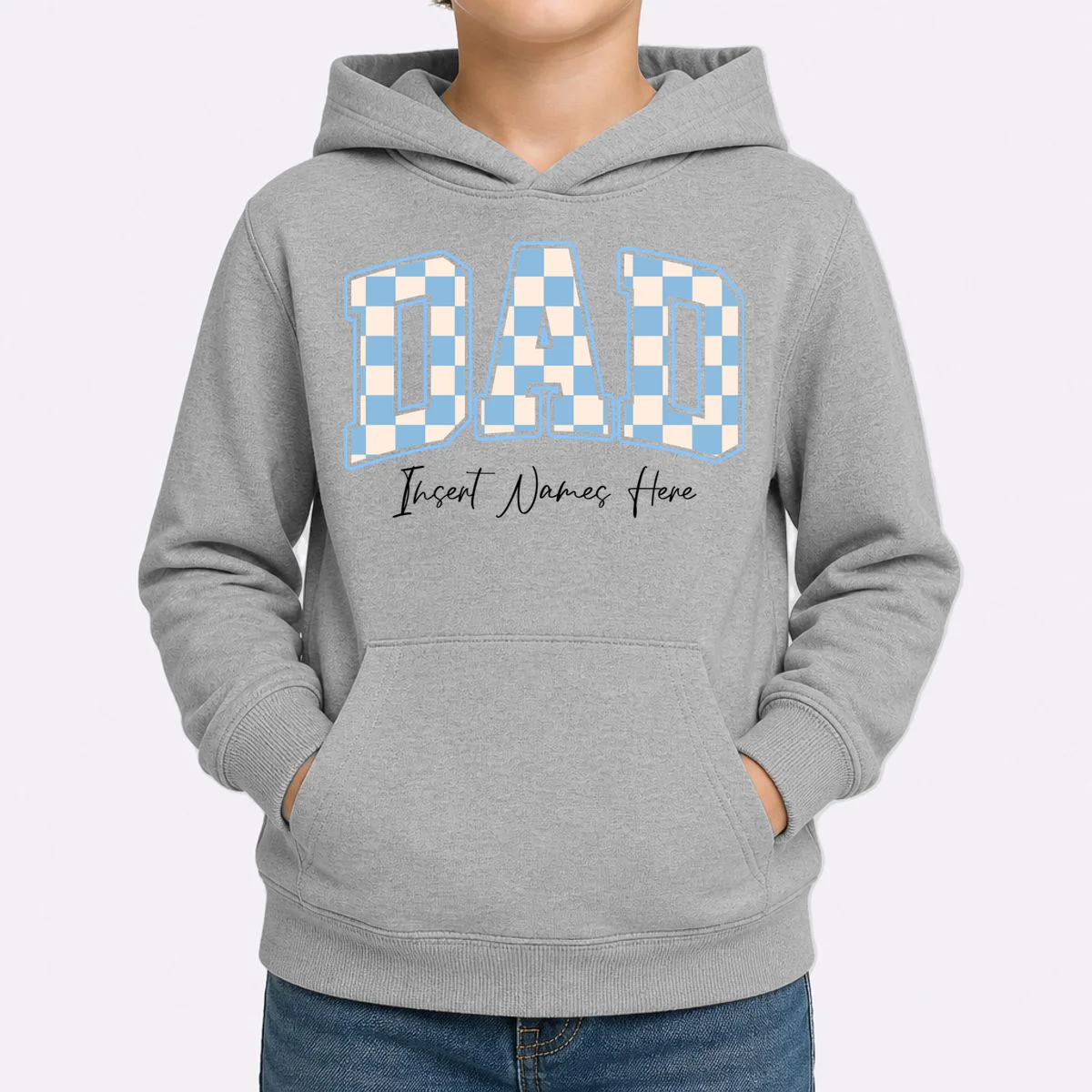 DAD Blue Checkerboard Customizable Kids Hoodie - Front 1