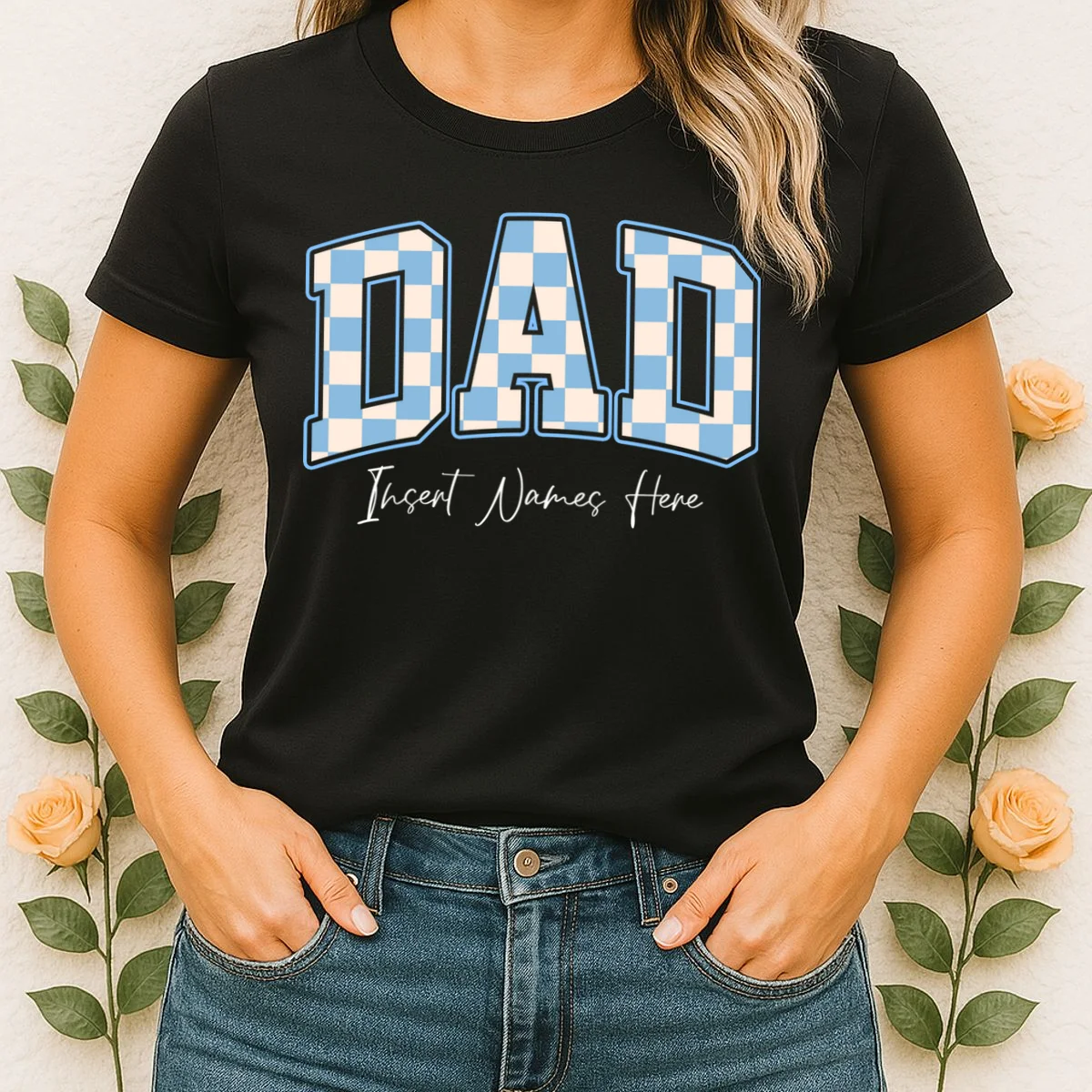 DAD Blue Checkerboard Customizable Women's T-Shirt - Front 1